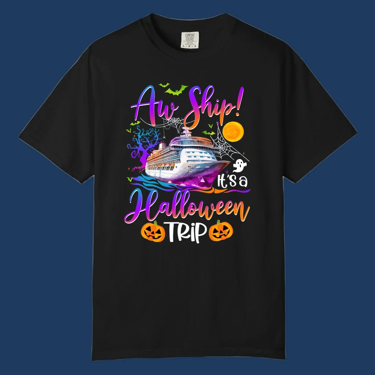 Halloween cruise trip design with colorful ship, pumpkins, ghosts, moon and spooky elements with 'Ahoy Ship' text