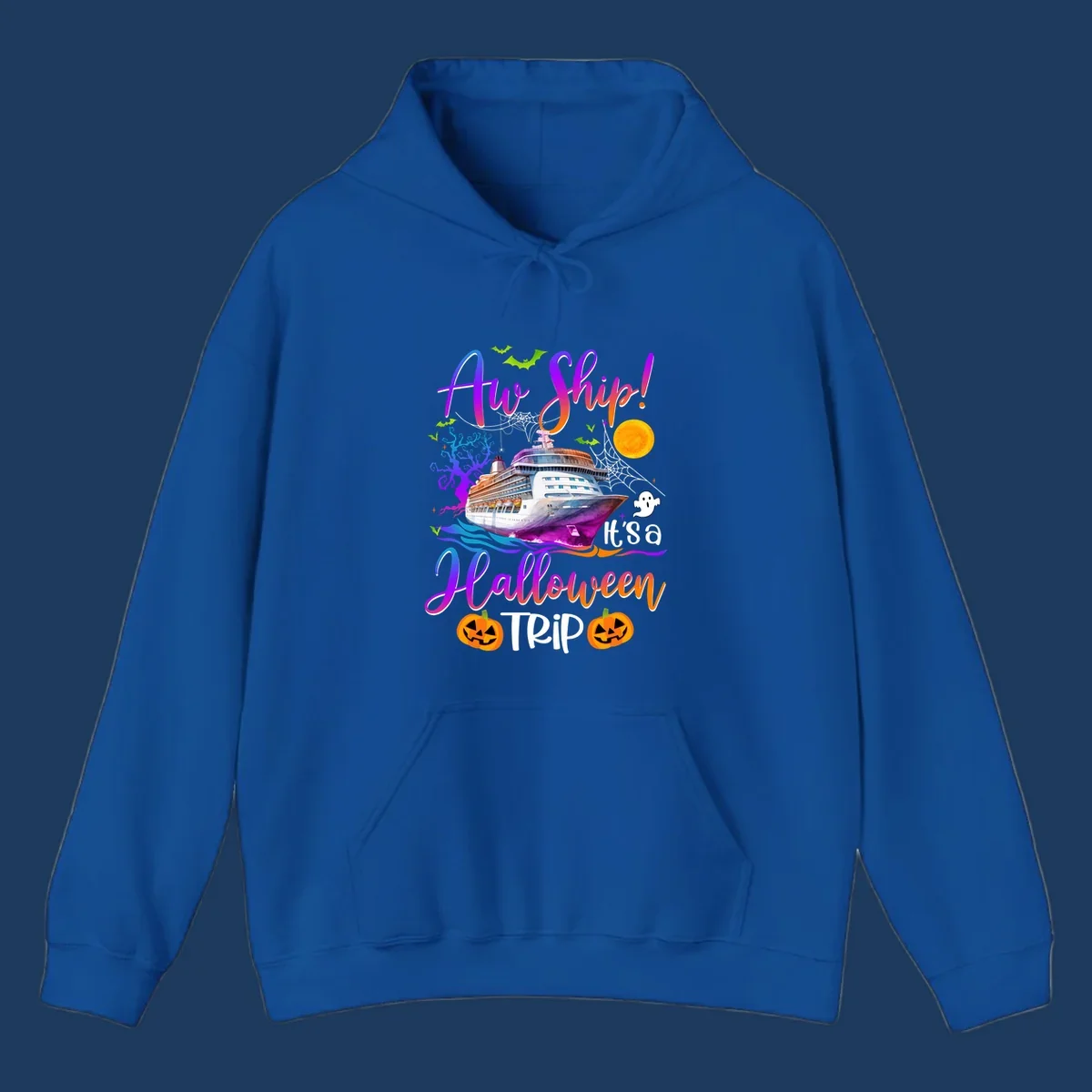 Halloween cruise trip design with colorful ship, pumpkins, ghosts, moon and spooky elements with 'Ahoy Ship' text