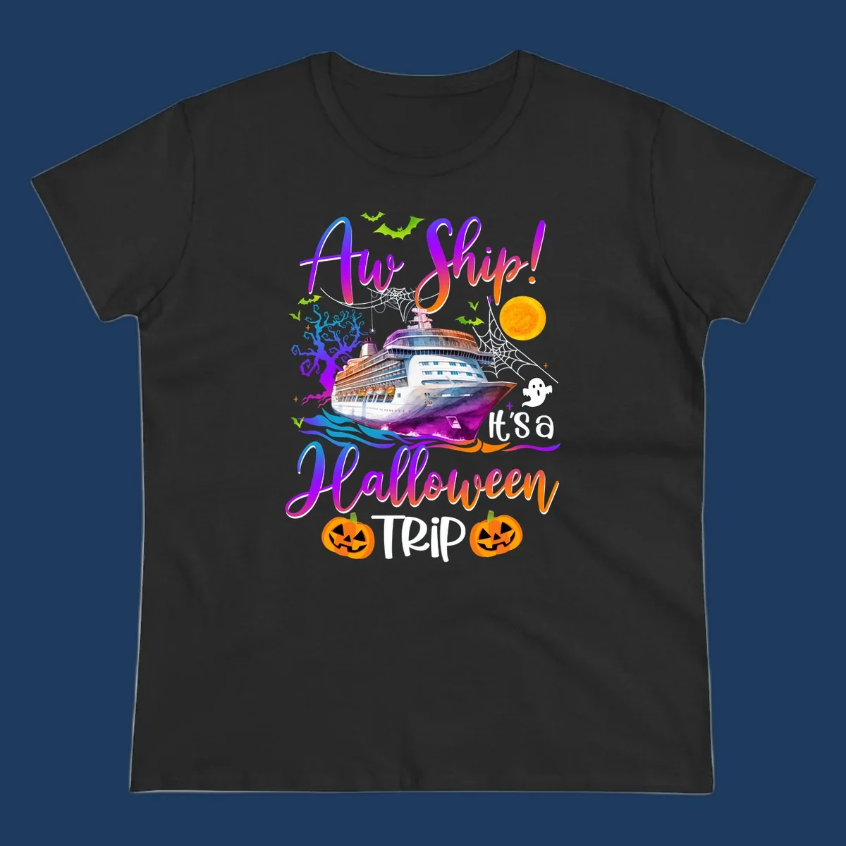 Halloween cruise trip design with colorful ship, pumpkins, ghosts, moon and spooky elements with 'Ahoy Ship' text