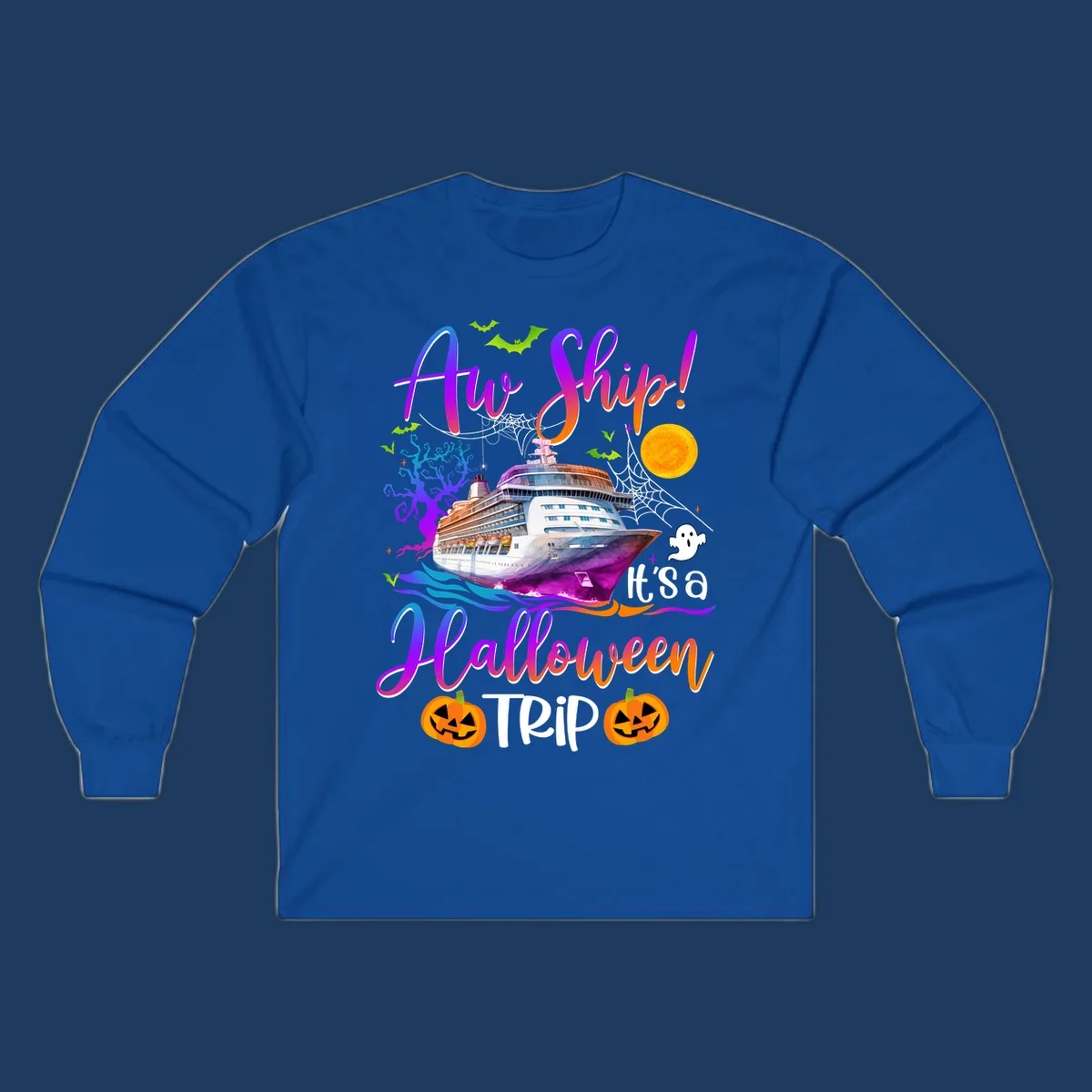 Halloween cruise trip design with colorful ship, pumpkins, ghosts, moon and spooky elements with 'Ahoy Ship' text