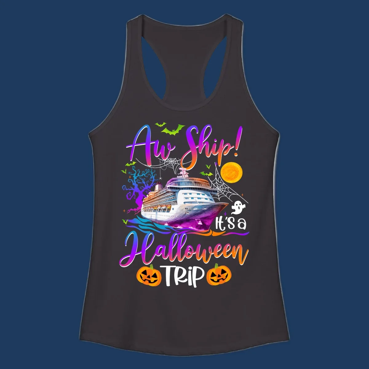 Halloween cruise trip design with colorful ship, pumpkins, ghosts, moon and spooky elements with 'Ahoy Ship' text