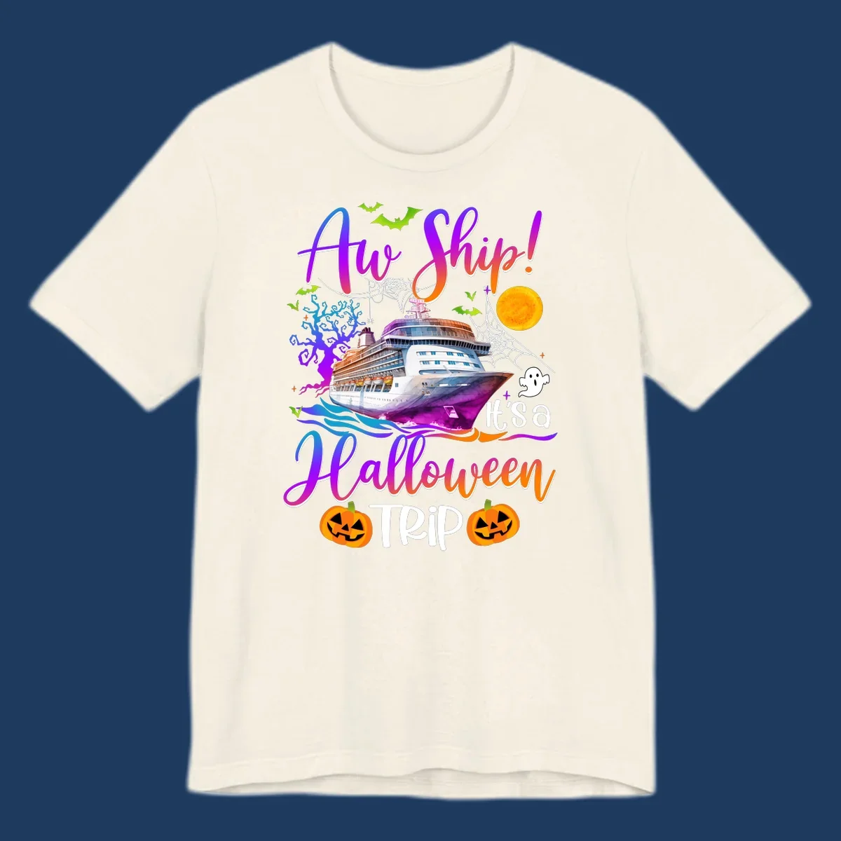 Halloween cruise trip design with colorful ship, pumpkins, ghosts, moon and spooky elements with 'Ahoy Ship' text