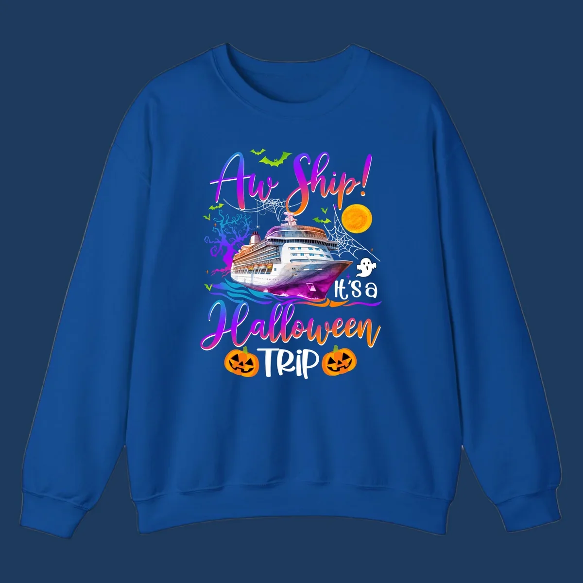 Halloween cruise trip design with colorful ship, pumpkins, ghosts, moon and spooky elements with 'Ahoy Ship' text