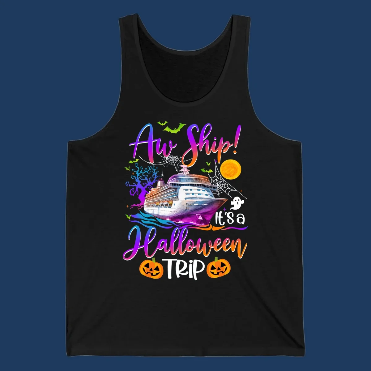 Halloween cruise trip design with colorful ship, pumpkins, ghosts, moon and spooky elements with 'Ahoy Ship' text
