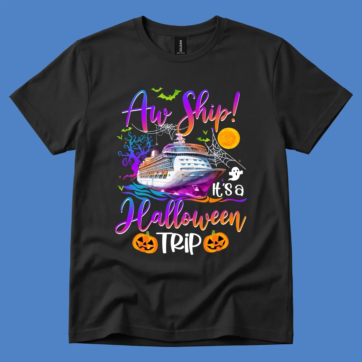 Halloween cruise trip design with colorful ship, pumpkins, ghosts, moon and spooky elements with 'Ahoy Ship' text