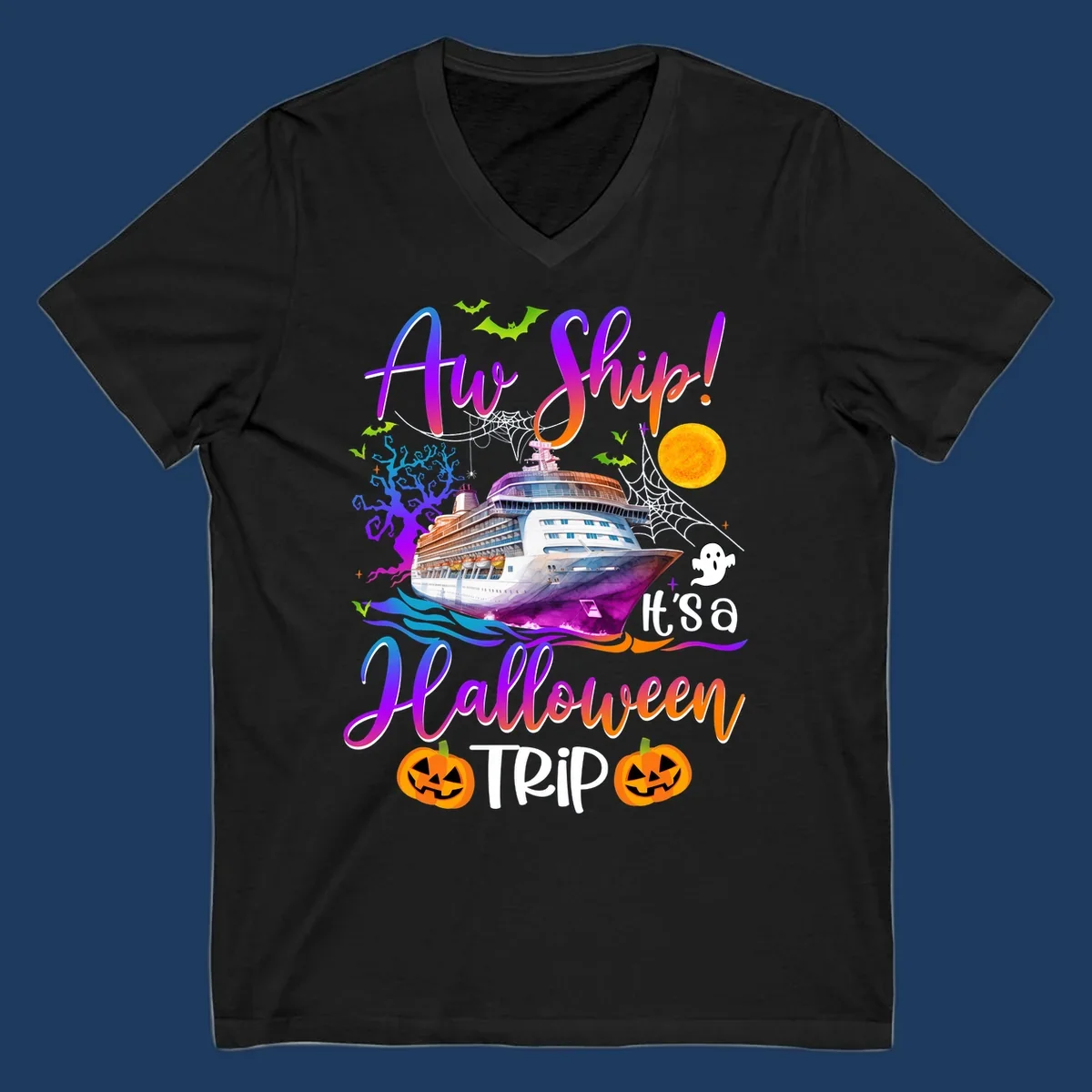 Halloween cruise trip design with colorful ship, pumpkins, ghosts, moon and spooky elements with 'Ahoy Ship' text
