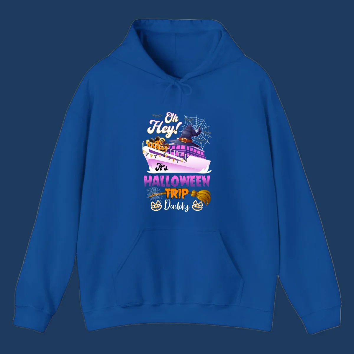 Colorful Halloween cruise ship design with witch hat, jack-o-lanterns, spider webs, and 'Oh Hey It's Halloween Trip Daddy' text