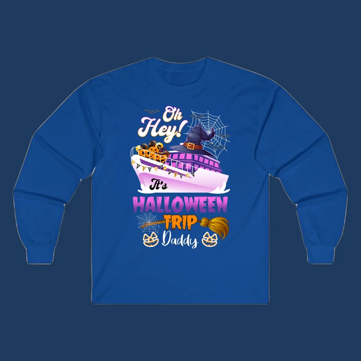Colorful Halloween cruise ship design with witch hat, jack-o-lanterns, spider webs, and 'Oh Hey It's Halloween Trip Daddy' text