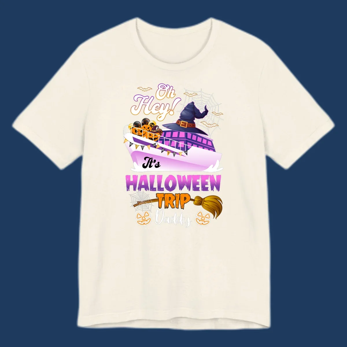 Colorful Halloween cruise ship design with witch hat, jack-o-lanterns, spider webs, and 'Oh Hey It's Halloween Trip Daddy' text