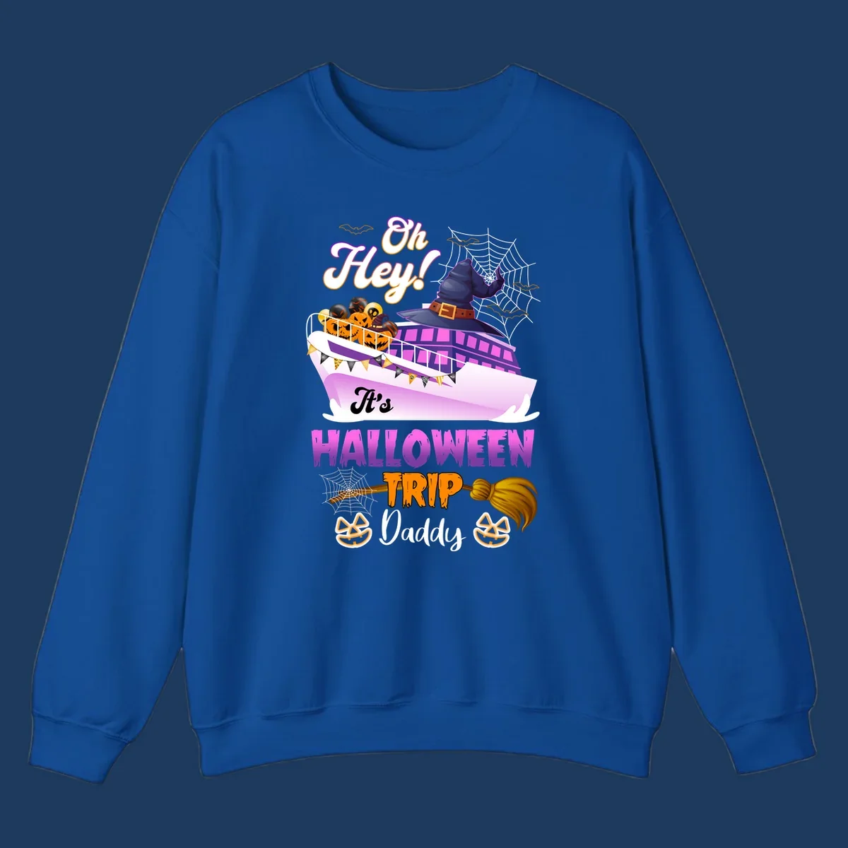 Colorful Halloween cruise ship design with witch hat, jack-o-lanterns, spider webs, and 'Oh Hey It's Halloween Trip Daddy' text
