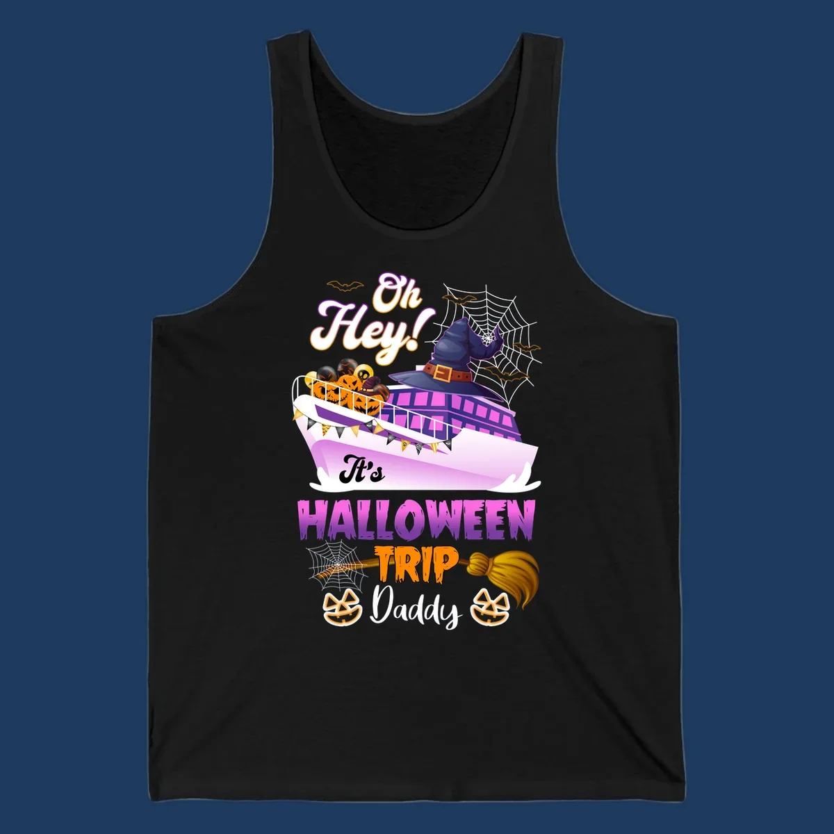 Colorful Halloween cruise ship design with witch hat, jack-o-lanterns, spider webs, and 'Oh Hey It's Halloween Trip Daddy' text