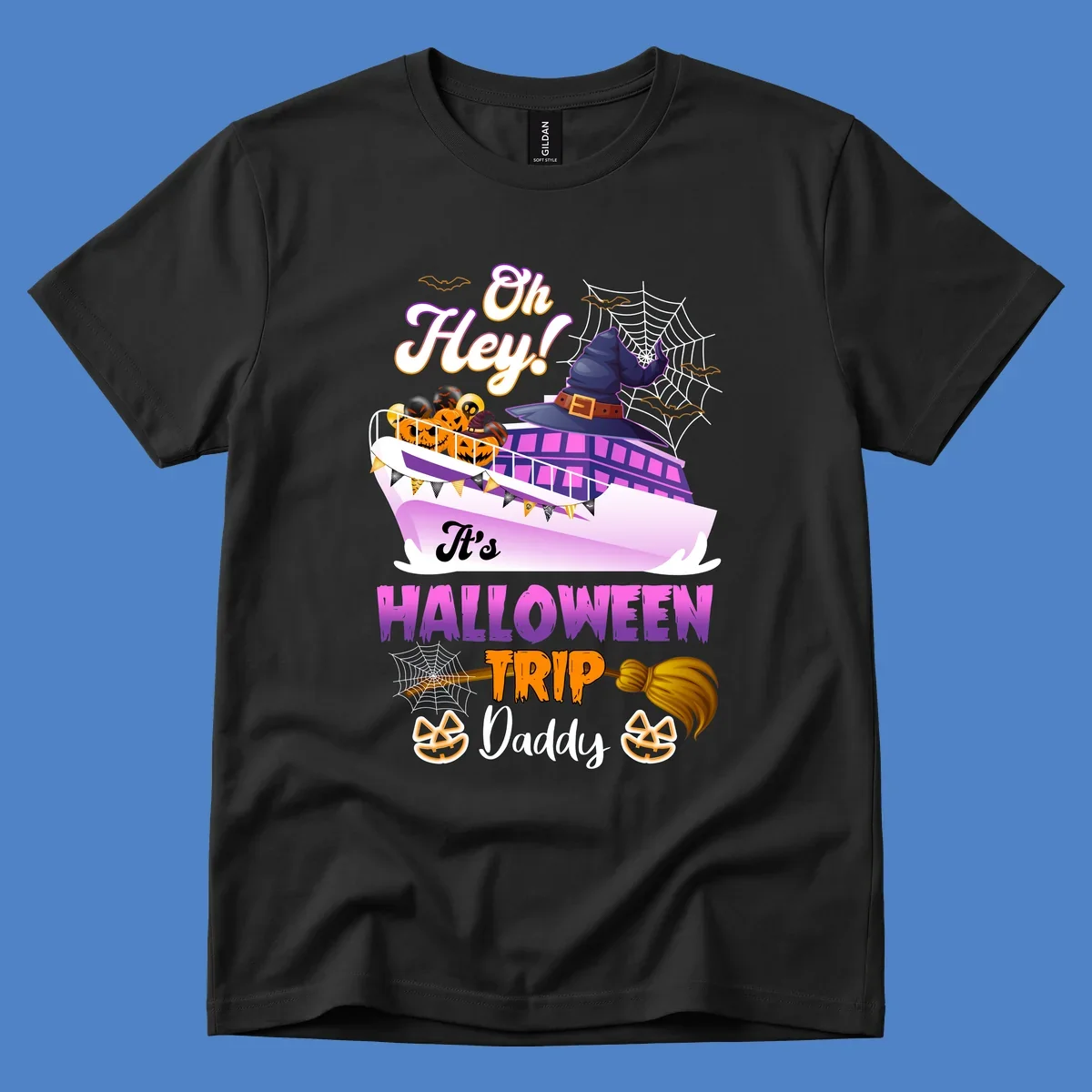 Colorful Halloween cruise ship design with witch hat, jack-o-lanterns, spider webs, and 'Oh Hey It's Halloween Trip Daddy' text
