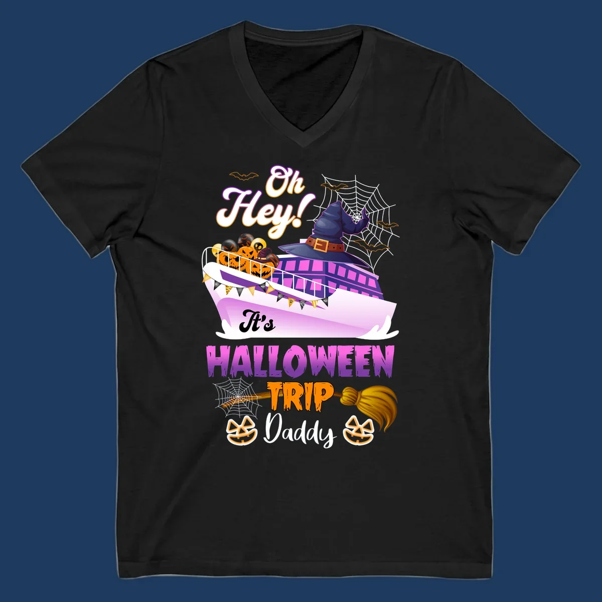 Colorful Halloween cruise ship design with witch hat, jack-o-lanterns, spider webs, and 'Oh Hey It's Halloween Trip Daddy' text