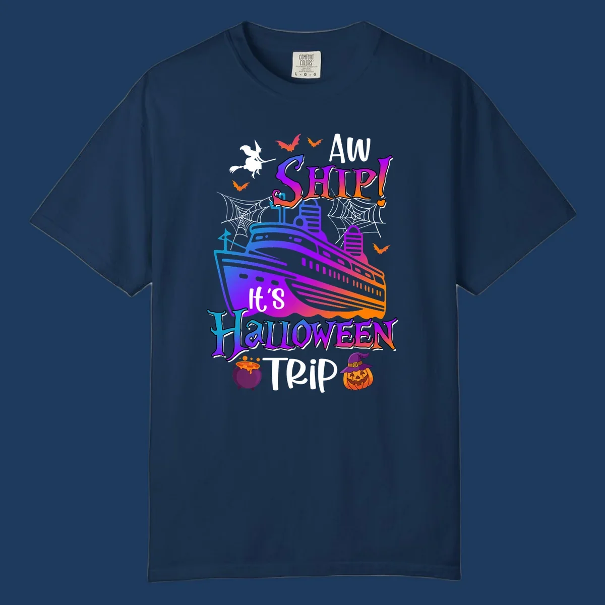 Colorful aw ship halloween cruise design featuring a gradient cruise ship, witch on broomstick, bats, spider webs, cauldron, and jack-o-lantern pumpkin.