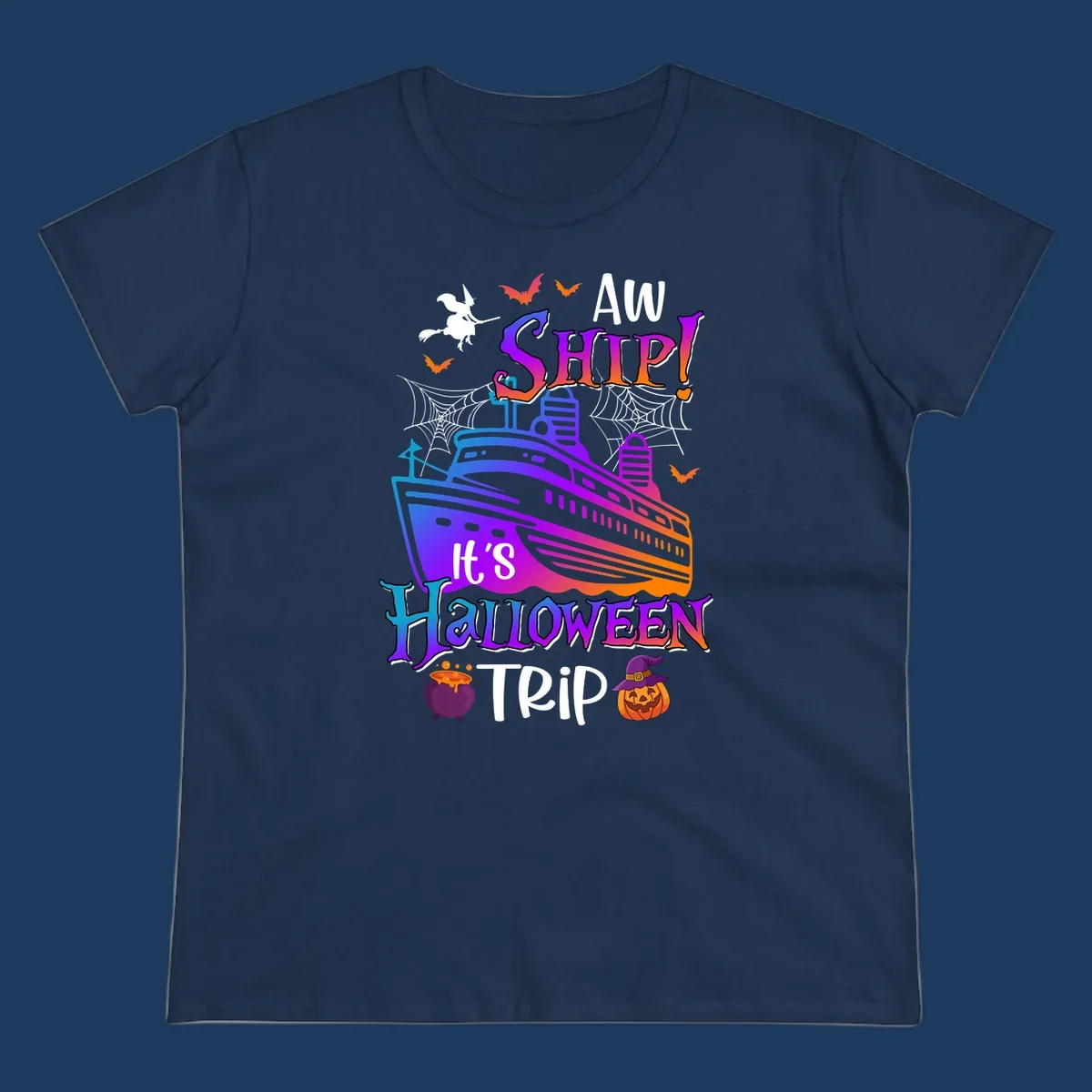 Colorful aw ship halloween cruise design featuring a gradient cruise ship, witch on broomstick, bats, spider webs, cauldron, and jack-o-lantern pumpkin.