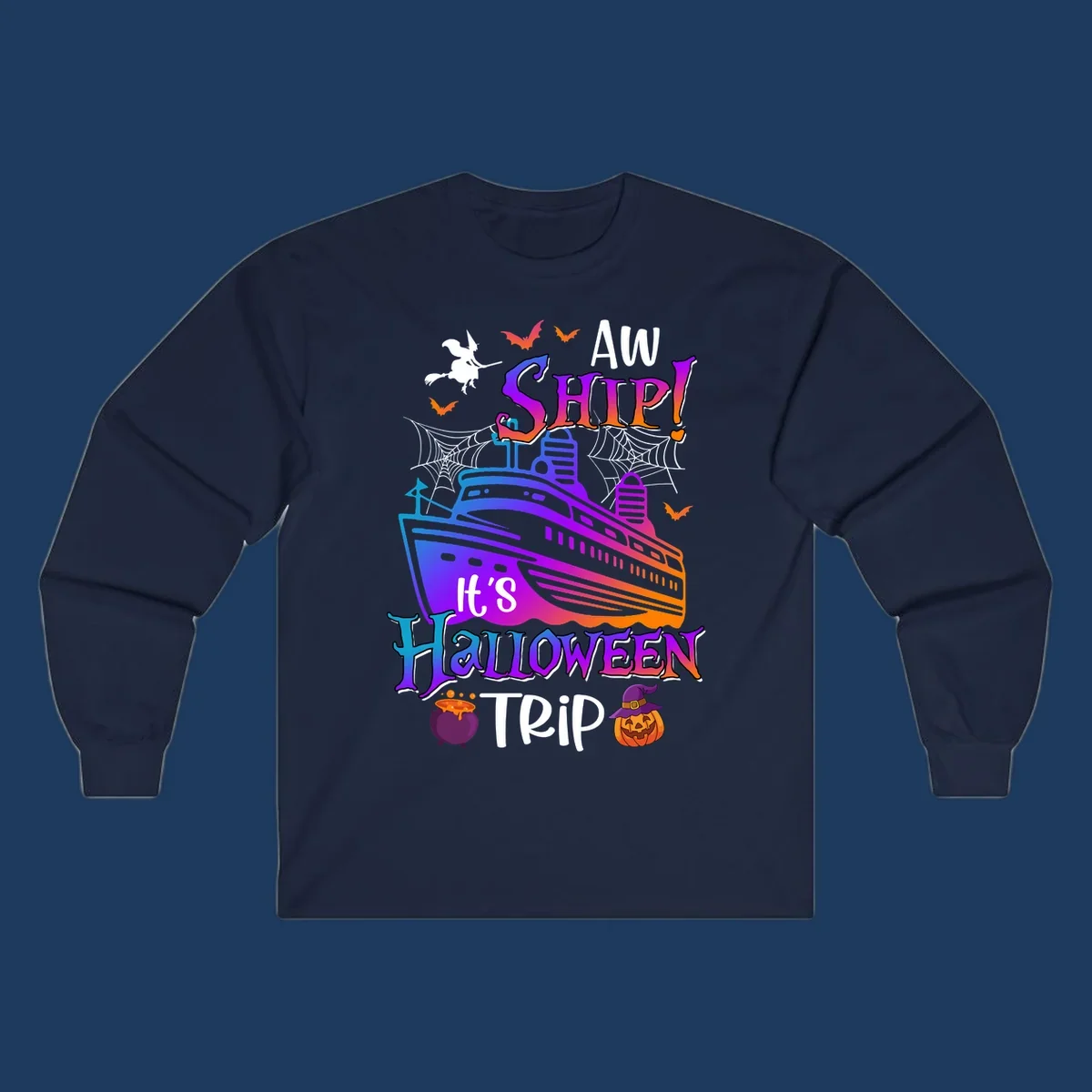 Colorful aw ship halloween cruise design featuring a gradient cruise ship, witch on broomstick, bats, spider webs, cauldron, and jack-o-lantern pumpkin.