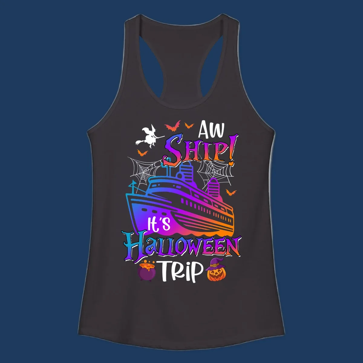 Colorful aw ship halloween cruise design featuring a gradient cruise ship, witch on broomstick, bats, spider webs, cauldron, and jack-o-lantern pumpkin.