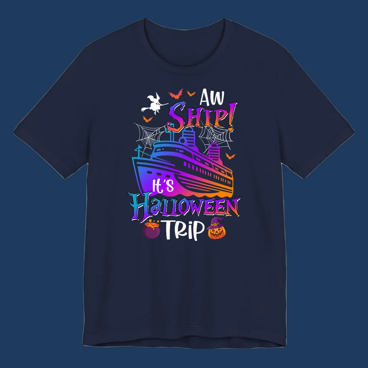 Colorful aw ship halloween cruise design featuring a gradient cruise ship, witch on broomstick, bats, spider webs, cauldron, and jack-o-lantern pumpkin.