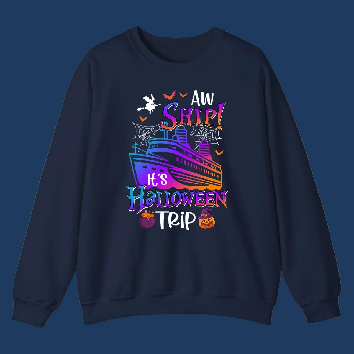 Colorful aw ship halloween cruise design featuring a gradient cruise ship, witch on broomstick, bats, spider webs, cauldron, and jack-o-lantern pumpkin.