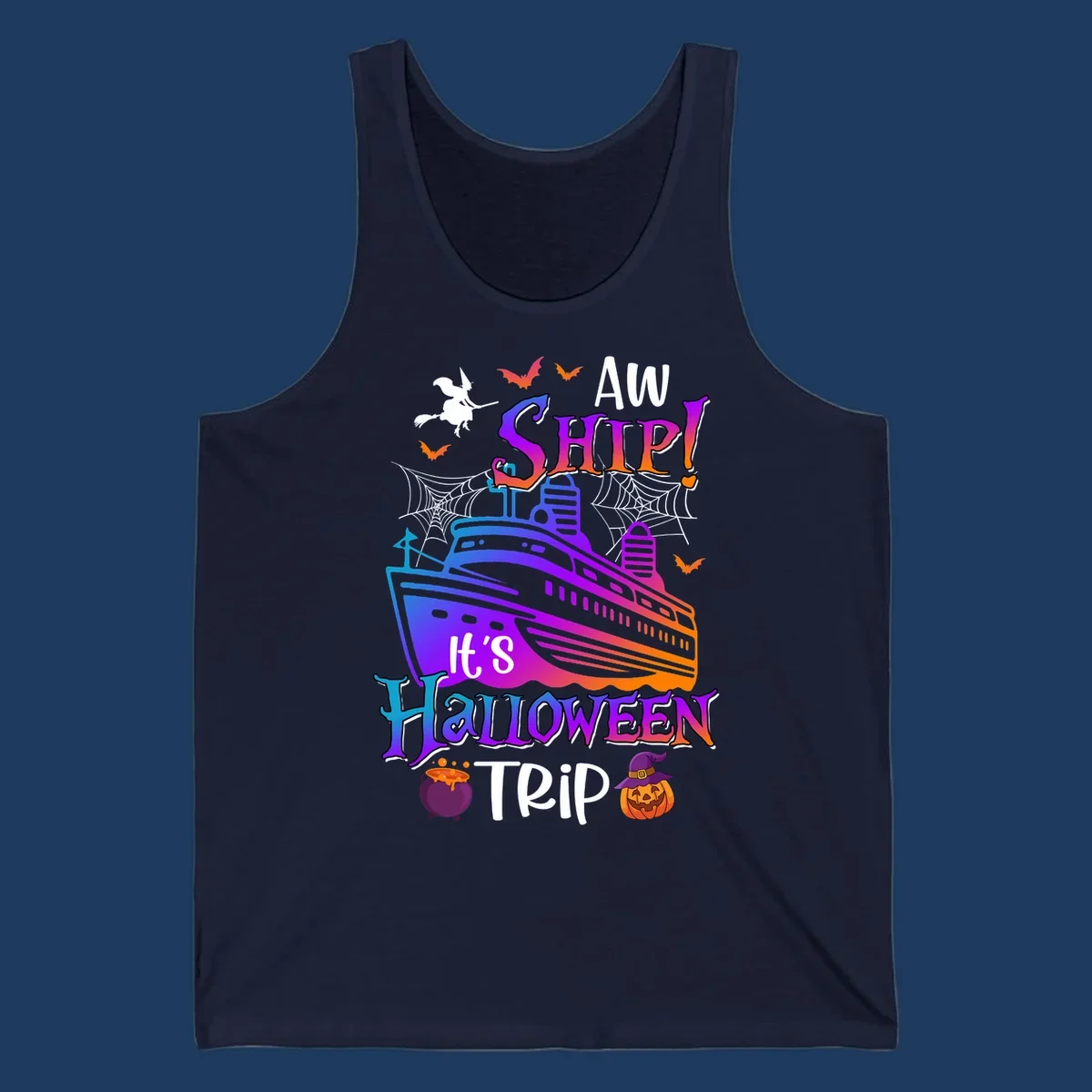 Colorful aw ship halloween cruise design featuring a gradient cruise ship, witch on broomstick, bats, spider webs, cauldron, and jack-o-lantern pumpkin.
