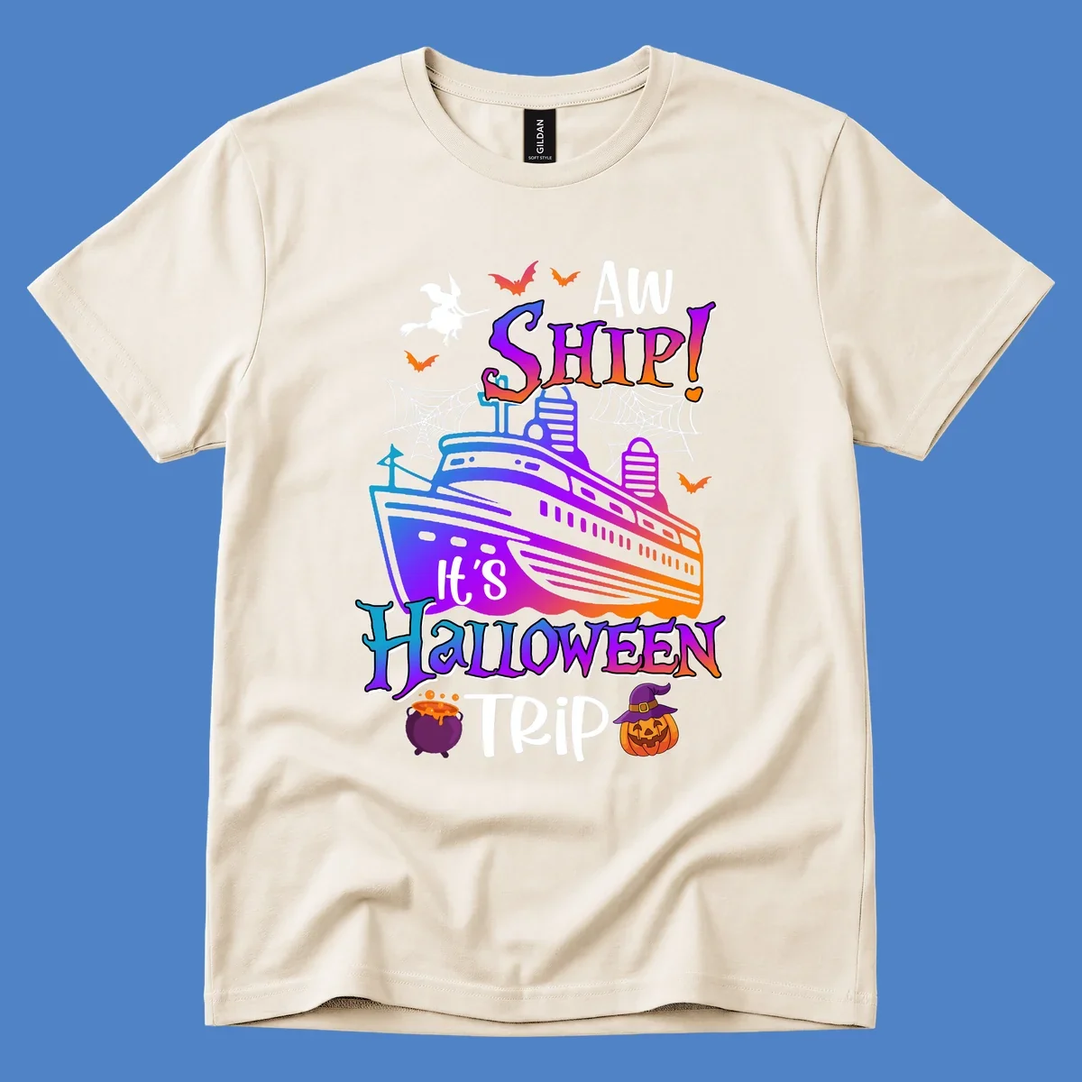 Colorful aw ship halloween cruise design featuring a gradient cruise ship, witch on broomstick, bats, spider webs, cauldron, and jack-o-lantern pumpkin.
