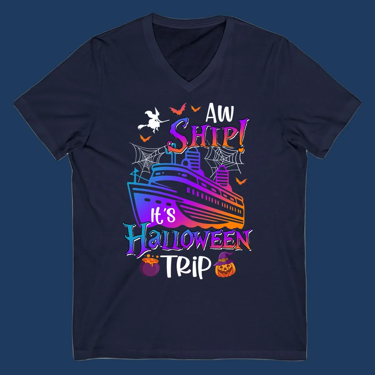 Colorful aw ship halloween cruise design featuring a gradient cruise ship, witch on broomstick, bats, spider webs, cauldron, and jack-o-lantern pumpkin.