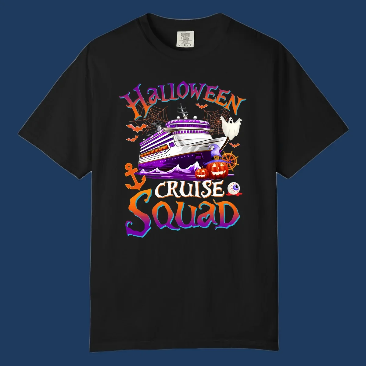 Halloween cruise squad design featuring a purple striped ship surrounded by jack-o-lanterns, ghosts, witches, and nautical elements.