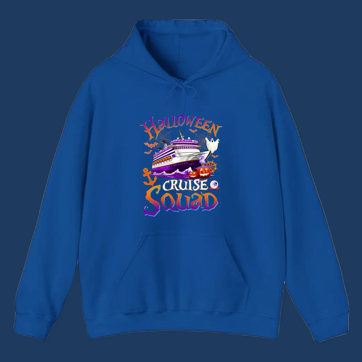 Halloween cruise squad design featuring a purple striped ship surrounded by jack-o-lanterns, ghosts, witches, and nautical elements.