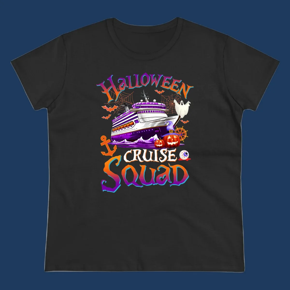 Halloween cruise squad design featuring a purple striped ship surrounded by jack-o-lanterns, ghosts, witches, and nautical elements.