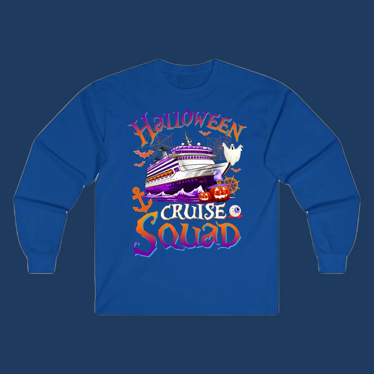 Halloween cruise squad design featuring a purple striped ship surrounded by jack-o-lanterns, ghosts, witches, and nautical elements.