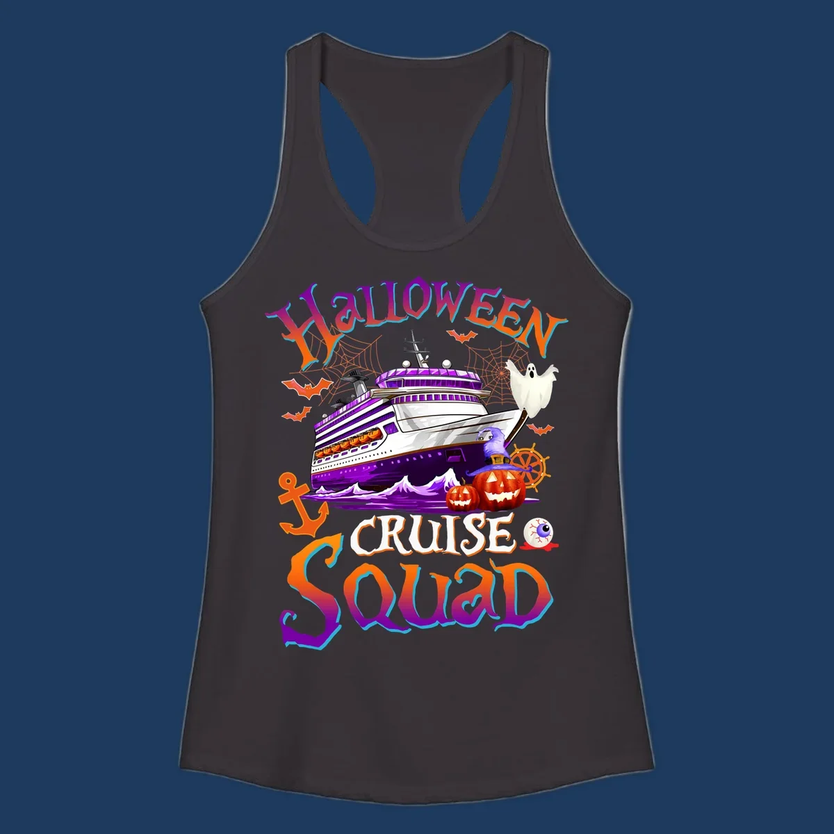 Halloween cruise squad design featuring a purple striped ship surrounded by jack-o-lanterns, ghosts, witches, and nautical elements.