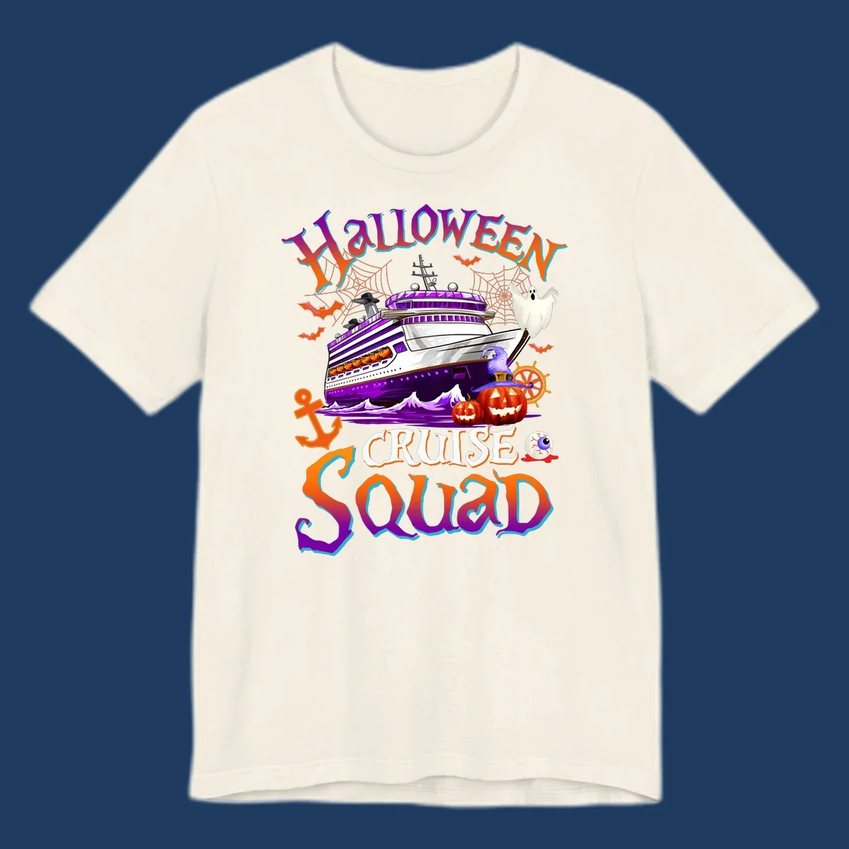 Halloween cruise squad design featuring a purple striped ship surrounded by jack-o-lanterns, ghosts, witches, and nautical elements.