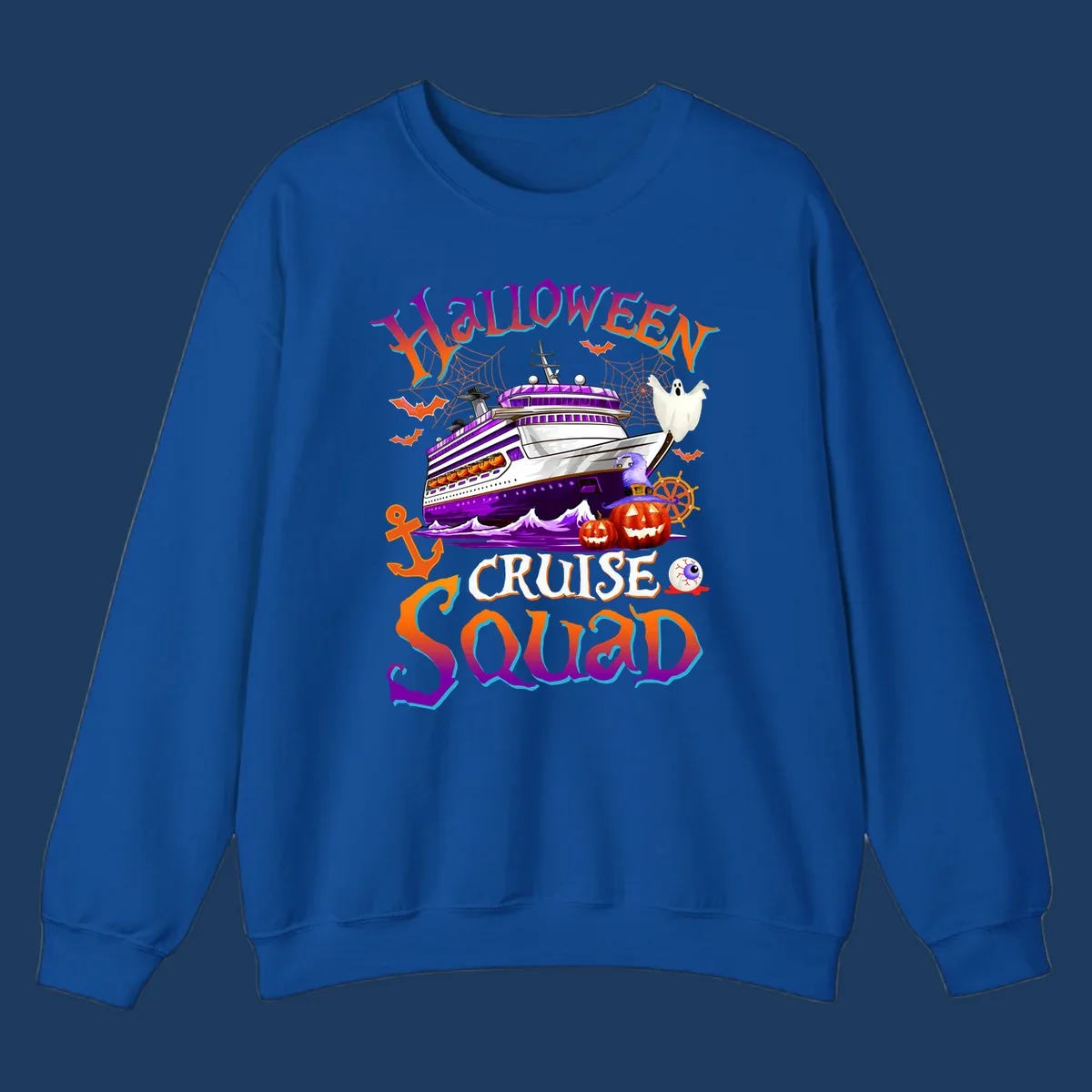 Halloween cruise squad design featuring a purple striped ship surrounded by jack-o-lanterns, ghosts, witches, and nautical elements.