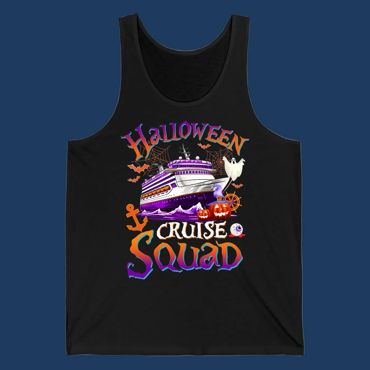 Halloween cruise squad design featuring a purple striped ship surrounded by jack-o-lanterns, ghosts, witches, and nautical elements.