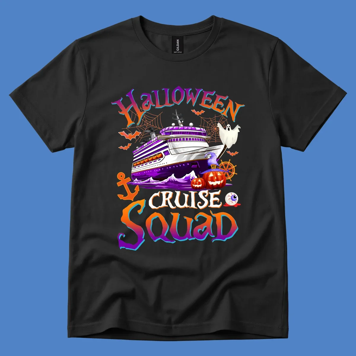 Halloween cruise squad design featuring a purple striped ship surrounded by jack-o-lanterns, ghosts, witches, and nautical elements.