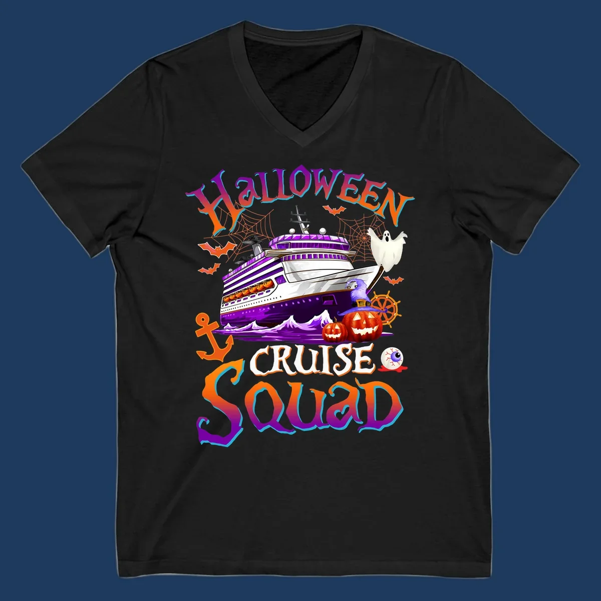Halloween cruise squad design featuring a purple striped ship surrounded by jack-o-lanterns, ghosts, witches, and nautical elements.
