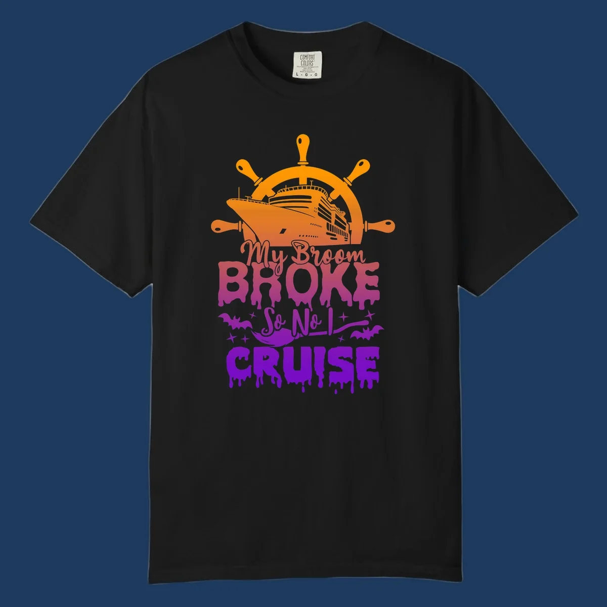 Halloween-themed cruise design with ship wheel, cruise ship, broom so no I cruise text, bats and stars in orange, red, magenta and purple gradient