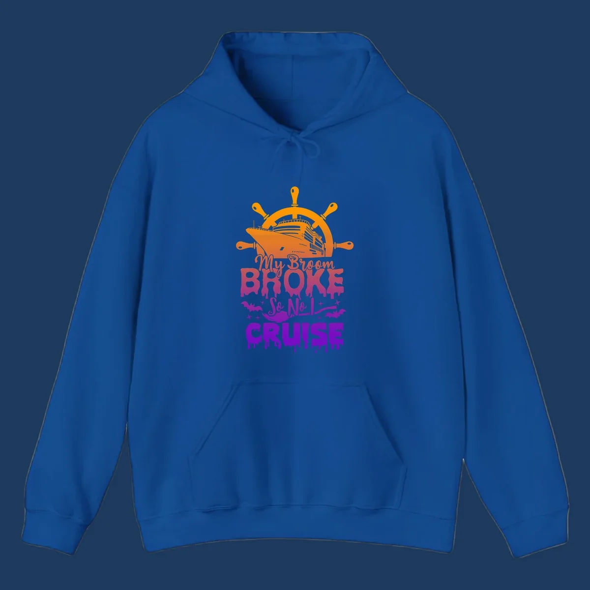 Halloween-themed cruise design with ship wheel, cruise ship, broom so no I cruise text, bats and stars in orange, red, magenta and purple gradient