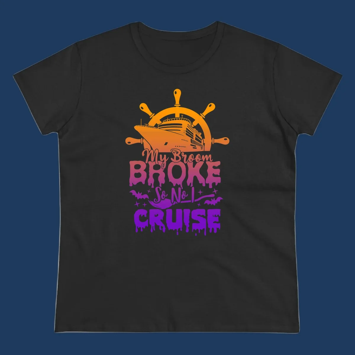 Halloween-themed cruise design with ship wheel, cruise ship, broom so no I cruise text, bats and stars in orange, red, magenta and purple gradient