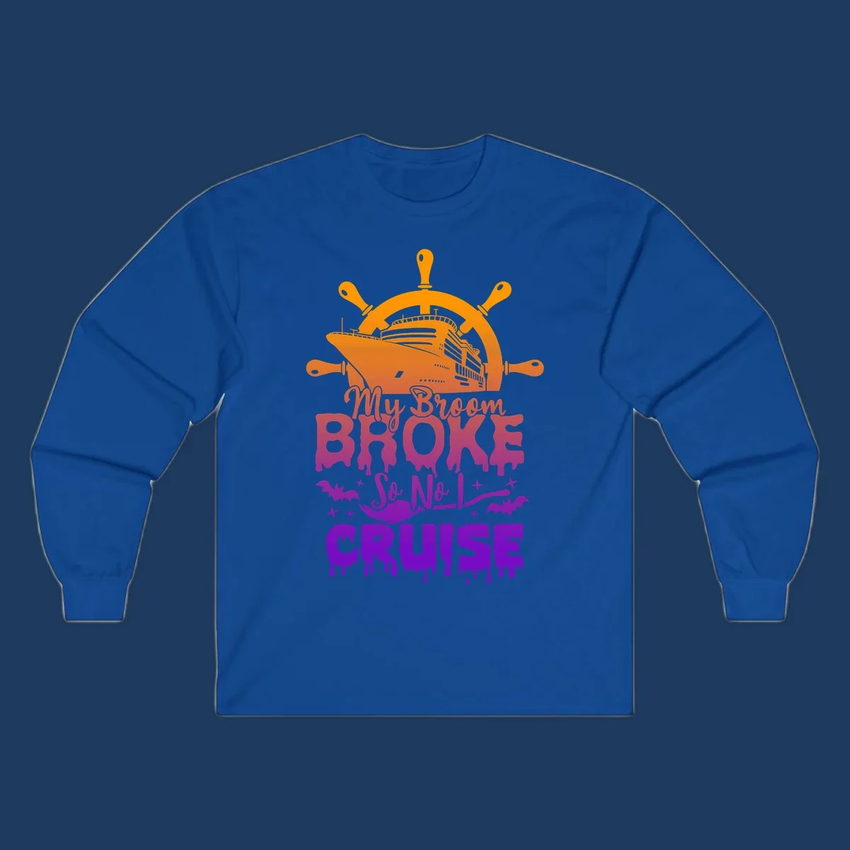 Halloween-themed cruise design with ship wheel, cruise ship, broom so no I cruise text, bats and stars in orange, red, magenta and purple gradient
