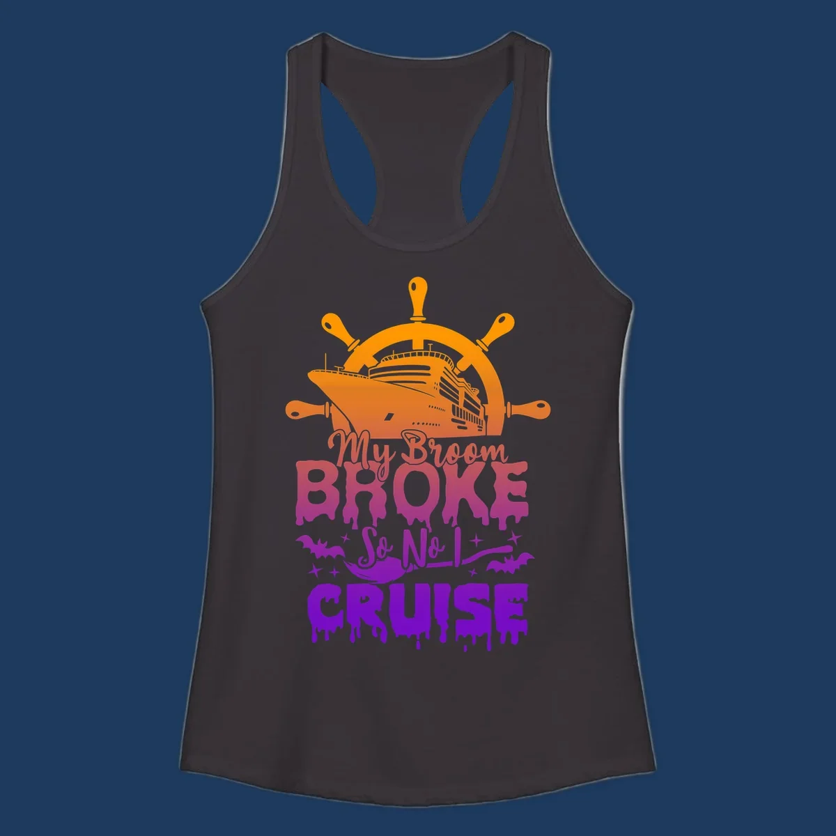 Halloween-themed cruise design with ship wheel, cruise ship, broom so no I cruise text, bats and stars in orange, red, magenta and purple gradient