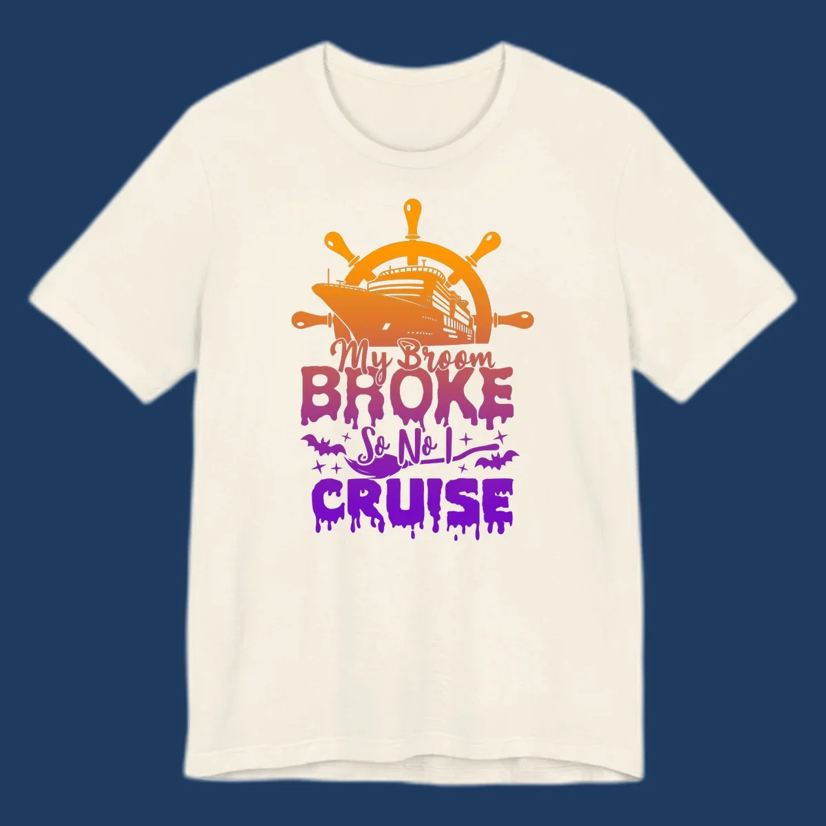 Halloween-themed cruise design with ship wheel, cruise ship, broom so no I cruise text, bats and stars in orange, red, magenta and purple gradient