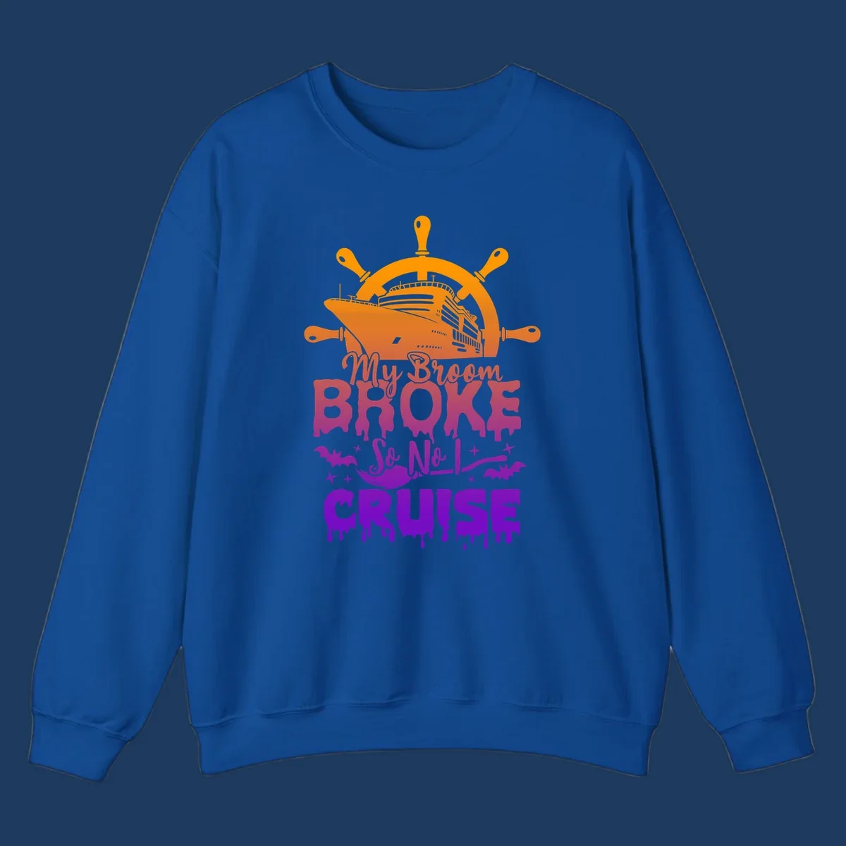 Halloween-themed cruise design with ship wheel, cruise ship, broom so no I cruise text, bats and stars in orange, red, magenta and purple gradient