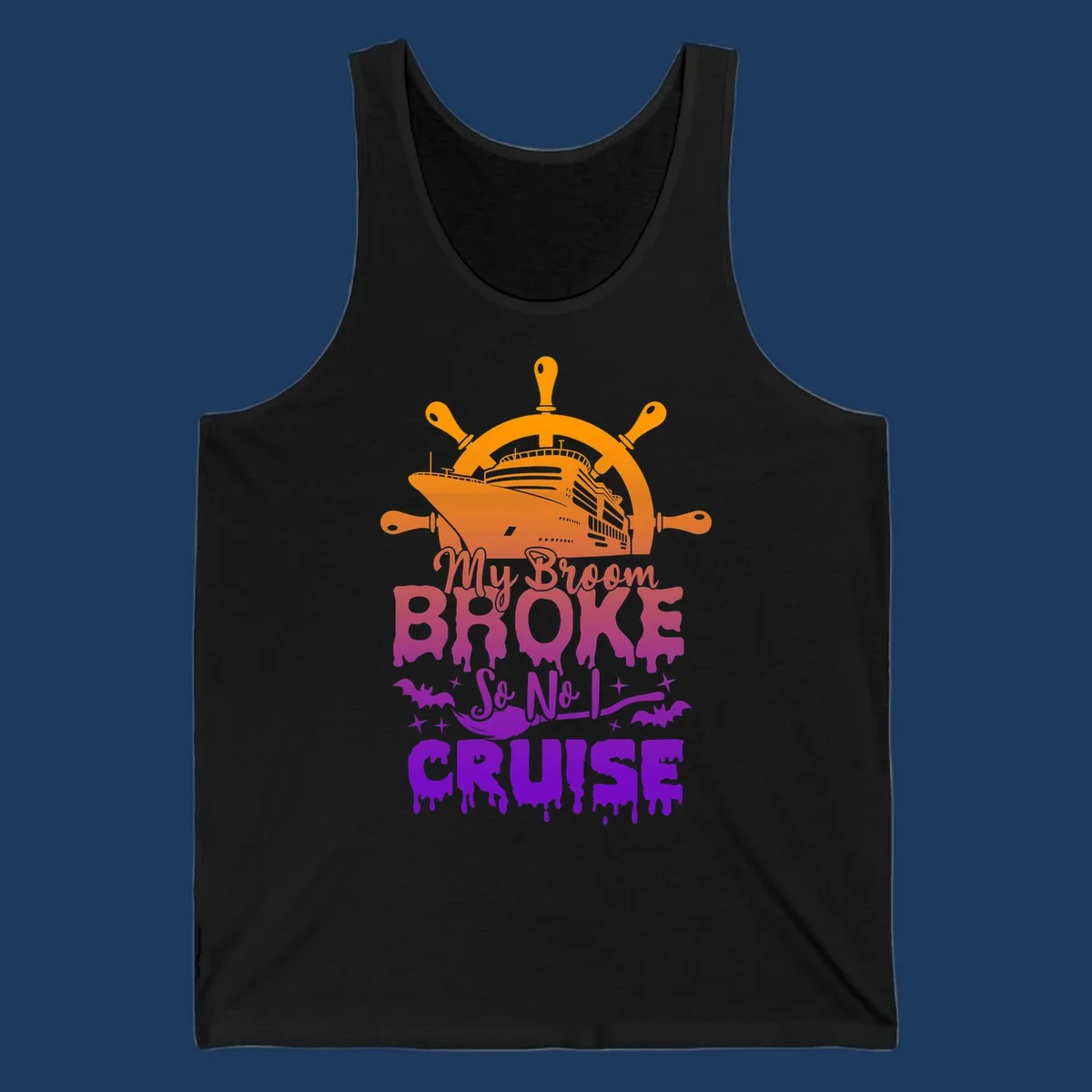 Halloween-themed cruise design with ship wheel, cruise ship, broom so no I cruise text, bats and stars in orange, red, magenta and purple gradient