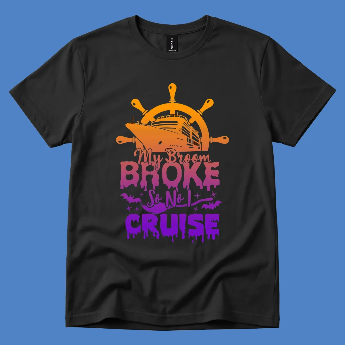 Halloween-themed cruise design with ship wheel, cruise ship, broom so no I cruise text, bats and stars in orange, red, magenta and purple gradient