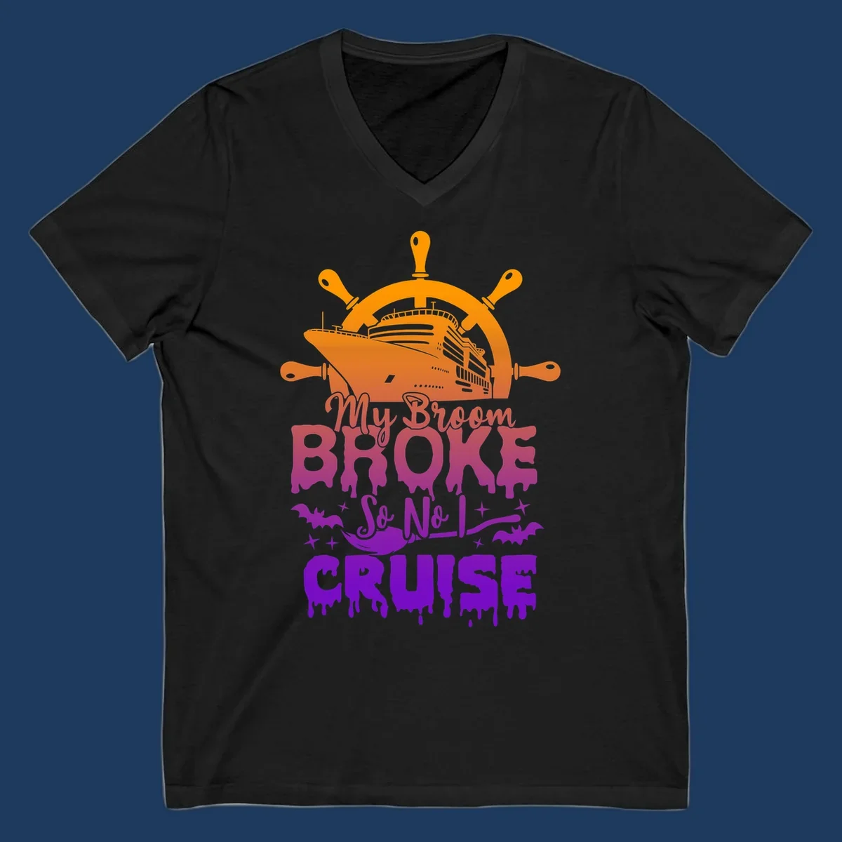 Halloween-themed cruise design with ship wheel, cruise ship, broom so no I cruise text, bats and stars in orange, red, magenta and purple gradient