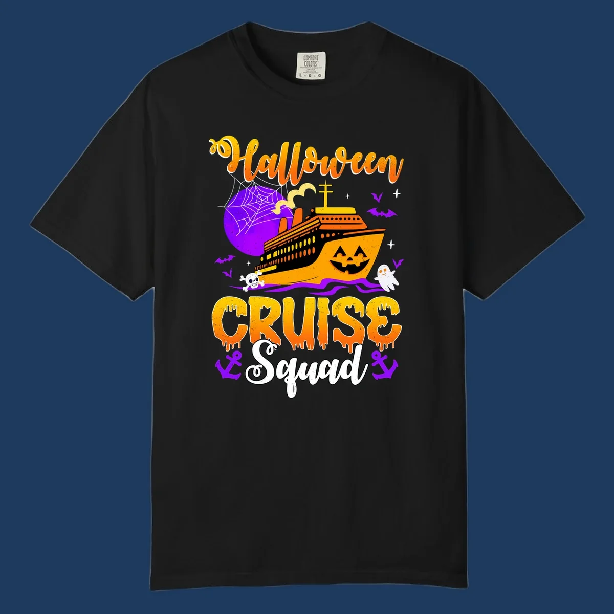 Halloween Cruise Squad design featuring a spooky orange ship with jack-o-lantern face, moon, bats, ghosts, and skull imagery