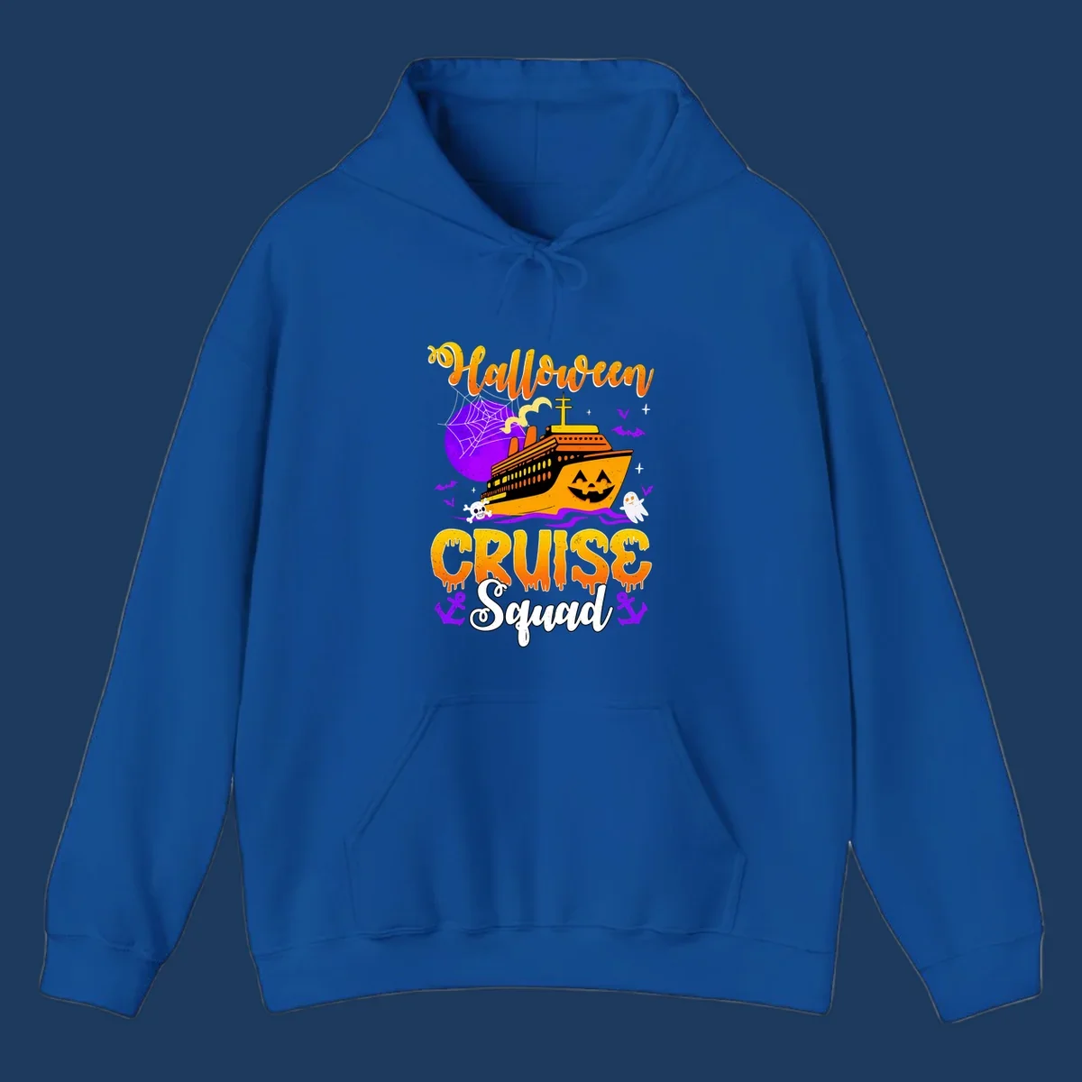 Halloween Cruise Squad design featuring a spooky orange ship with jack-o-lantern face, moon, bats, ghosts, and skull imagery