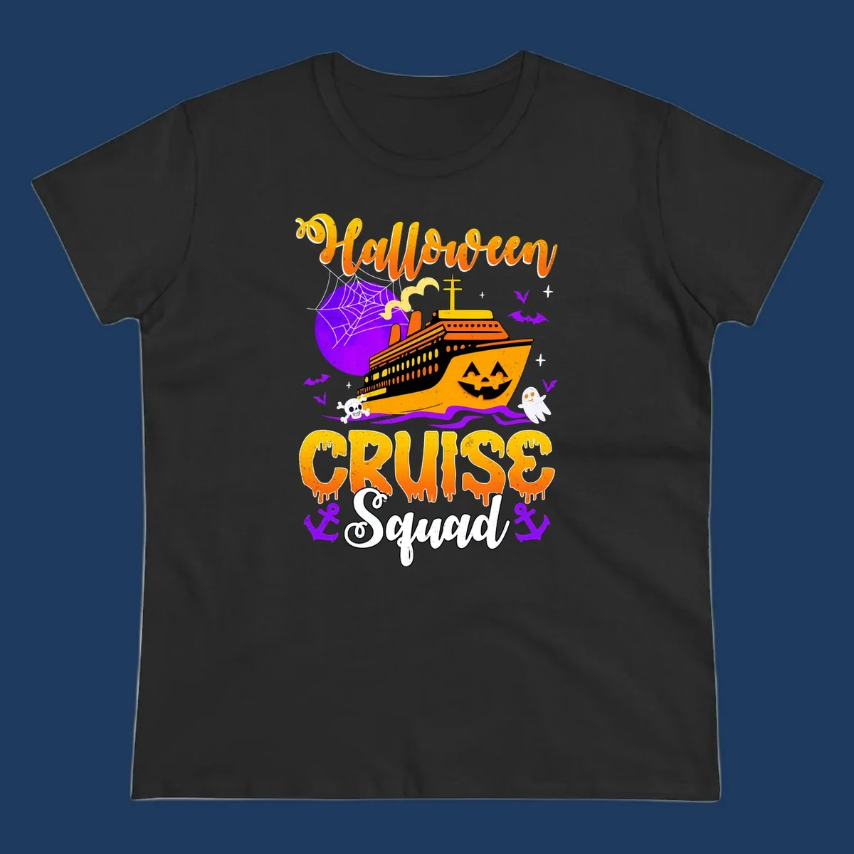 Halloween Cruise Squad design featuring a spooky orange ship with jack-o-lantern face, moon, bats, ghosts, and skull imagery