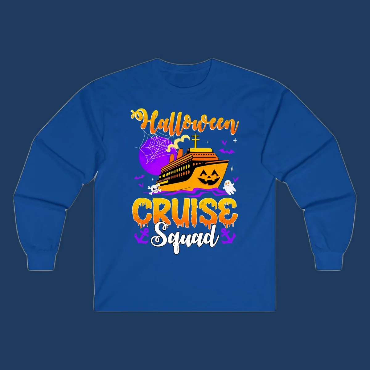 Halloween Cruise Squad design featuring a spooky orange ship with jack-o-lantern face, moon, bats, ghosts, and skull imagery